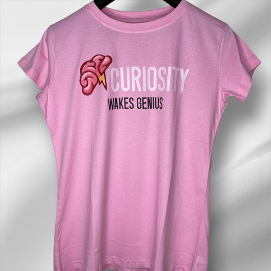 Women Curiosity Graphic T-Shirt - Pink Casual Tee with Inspirational Quote