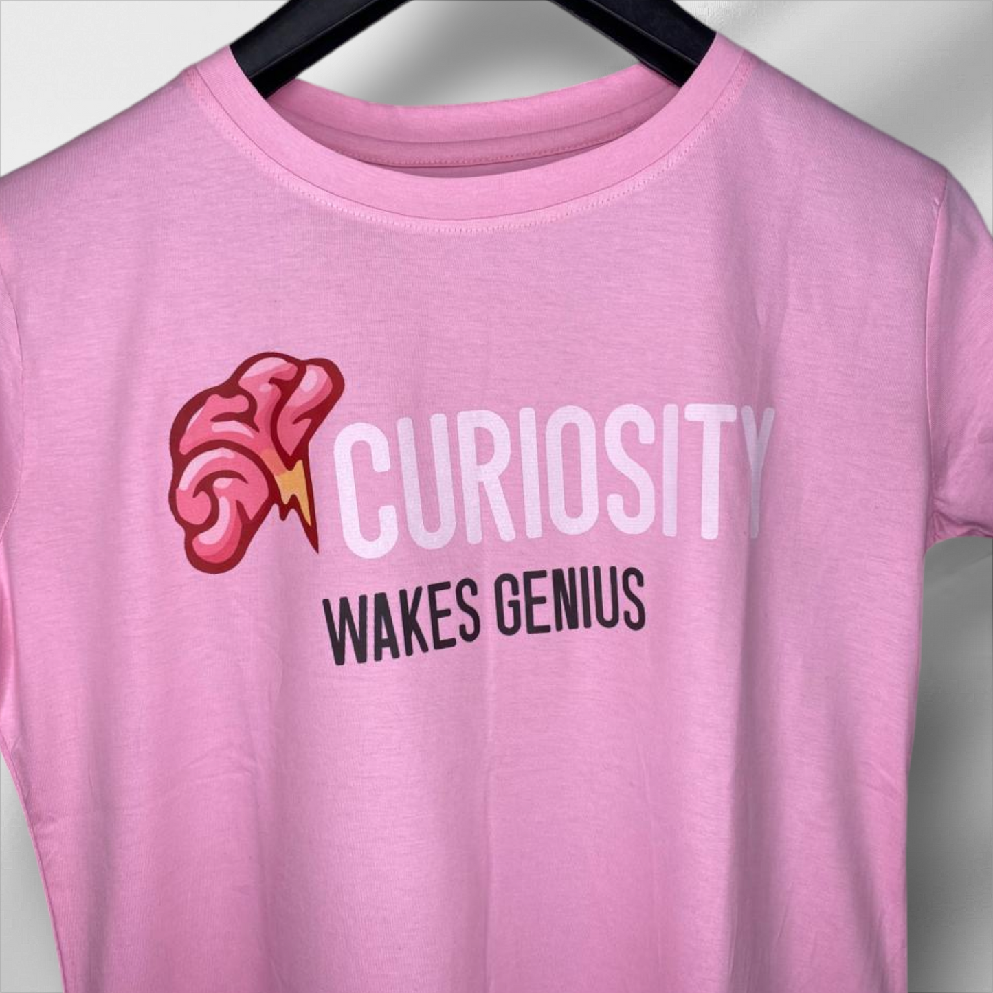 Women Curiosity Graphic T-Shirt - Pink Casual Tee with Inspirational Quote